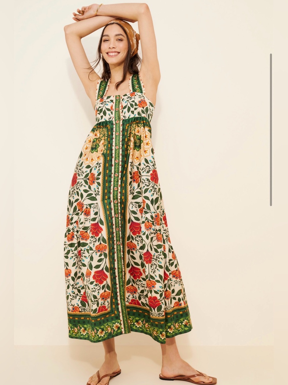 Farm Rio Garden Tapestry Maxi Dress Green Floral Tie Back Summer Medium Cotton
